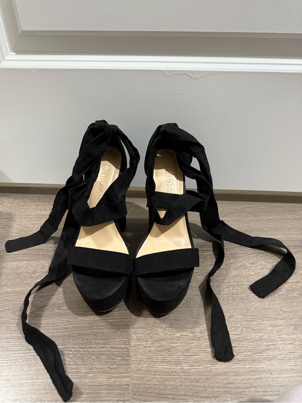 DIVA Lounge Black Suede Wrap Tie Heels